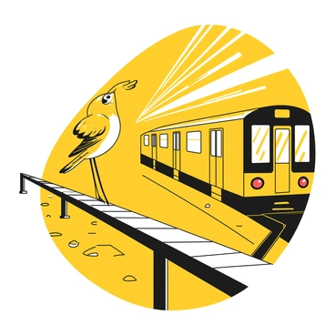 A small bird with a delicate body and slender legs is perched on a metal railing of a subway platform. The bird has a pointed beak and its feathers are fluffed slightly against the cool air. Below the bird, the platform is empty except for dark tiles and scattered debris. In the background, a subway train approaches with its lights shining brightly, casting a shadow of the bird on the railing. The scene captures the contrast between the small, fragile bird and the industrial setting of the subway.