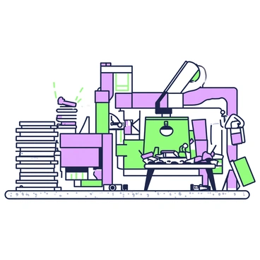 A processing plant filled with various raw materials. On the left, there is a stack of wooden planks, neatly arranged and showcasing the natural grain. Next to the wood, there are several metal sheets, glinting under the lights of the plant. In the background, large machinery is visible, including a conveyor belt transporting additional materials. Scattered around the area, there are tools such as hammers and saws, placed on a workbench. The floor is concrete and shows signs of wear from regular use.