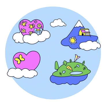 A scene depicting several islands floating in a bright blue sky, each island representing a different aspect of personality. The first island is shaped like a heart, adorned with vibrant flowers and colorful butterflies. The second island features a tall mountain with a small cabin, symbolizing ambition and strength. The third island is covered in books and quills, representing intelligence and creativity. The fourth island is lush with greenery and has a small pond, signifying calmness and tranquility. Each island is connected by soft, fluffy clouds.
