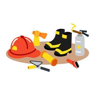 A table covered with a variety of firefighting gear. There is a bright red fire helmet with a shiny visor positioned prominently on the table. Next to it, a pair of sturdy black firefighting boots sits with reflective stripes. Various tools are organized neatly, including a yellow fire axe with a wooden handle and a silver fire extinguisher marked with safety labels. A rolled-up fire hose in bright orange rests beside a small handheld flashlight. The gear is meticulously arranged, showcasing the attention to detail in their maintenance and readiness for use.