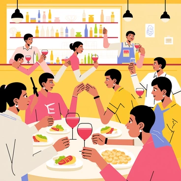 A lively Spanish tapas bar with wooden tables and colorful ceramic tiles. Patrons are seated at the tables, chatting and laughing while enjoying small plates of food, such as olives, chorizo, and patatas bravas. Glasses of red sangria with slices of fruit are placed on the tables. Some customers are raising their glasses in a toast, while others are sharing dishes. A bartender is seen behind the counter, pouring drinks and preparing more tapas. The atmosphere is filled with vibrant colors and a sense of joy.