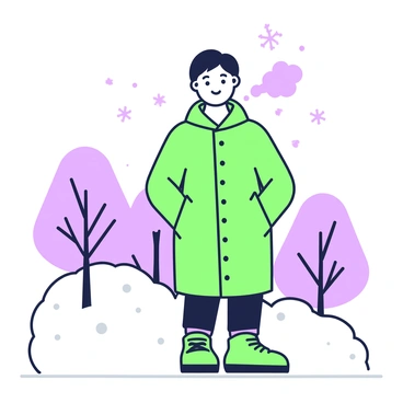 A person is standing outdoors in a cold environment, wearing a warm coat with a hood. Their breath is visible as a cloud of vapor, clearly rising in the chilly air. The person's facial expression shows a slight smile, and they have their hands tucked into their coat pockets. In the background, there are softly outlined trees with a hint of frost on the branches. The ground is slightly covered in snow, adding to the winter atmosphere.