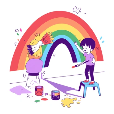 A child is energetically painting a large rainbow mural on a white wall. The mural features vibrant arcs of color in red, orange, yellow, green, blue, and purple, each blending seamlessly into the next. The child is standing on a small blue stool to reach the upper sections of the mural, holding a wide brush dripping with orange paint. Around the child, there are splatters of colorful paint in various shades, creating a lively and dynamic scene. A few paint cans in the foreground showcase the array of colors used in the mural. The child's focused expression shows their dedication to the artwork.