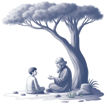A young Jedi in a simple robe is seated cross-legged on the ground. He has a focused expression as he listens attentively to an ancient master, who stands nearby. The master is portrayed with a long beard and wise, wrinkled features, conveying a sense of depth and knowledge. They are positioned under the sprawling branches of a large tree with a thick trunk, which provides a canopy overhead. Sunlight filters through the leaves, casting intricate patterns on the ground. The surrounding area is filled with natural elements, such as rocks and small plants, adding to the serene atmosphere of the scene.