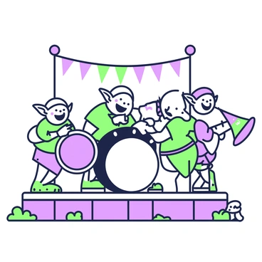 A group of goblins is gathered on a small stage, energetically playing quirky instruments during a band performance. Each goblin has distinct features, with varying heights and expressions of joy. One goblin is playing a large, round drum, while another is strumming a bizarre-shaped string instrument. A third goblin is blowing into a colorful horn, creating a lively atmosphere. Colorful banners hang in the background, adding to the festive scene. The ground beneath the stage is slightly uneven, suggesting a rustic outdoor setting, with a few scattered mushrooms nearby.