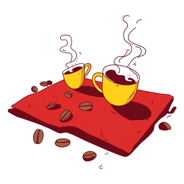 A red background features a collection of brown coffee beans scattered across the surface. In the center, a few of the beans are depicted mid-transformation, with swirling steam rising from them. This steam gradually morphs into vibrant yellow coffee cups. Each cup has a different design, with some having handles and others being plain. The cups are arranged in a dynamic arc, showcasing the variety and colors of the coffee cups emerging from the coffee beans.