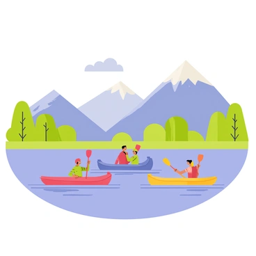 Tourists paddling in colorful kayaks on a calm lake. Each kayak is a different bright color, such as red, blue, and yellow. The lake surface reflects the vibrant hues of the kayaks. In the background, tall mountains rise majestically, their peaks capped with snow. Lush green trees line the edges of the lake, while a few fluffy white clouds float in the clear blue sky.