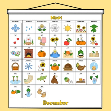 A large calendar hanging on a wall features different classic vintage motifs for each month. Each month is represented by a separate illustration with intricate borders and decorative elements. For January, there are snowflakes and a cozy scene with a fireplace. February showcases hearts and flowers, while March is adorned with blooming flowers and butterflies. April displays raindrops and umbrellas, and May includes green leaves and picnic scenes. June shows sunflowers and a bright sun, while July features beach scenes with sandcastles. August highlights fruits like watermelons and peaches. September includes school supplies and apples, while October has pumpkins and falling leaves. November displays Thanksgiving elements like turkeys and cornucopias, and December features holiday decorations with snowmen and Christmas trees. Each month is clearly labeled with its name in a stylish, vintage font at the bottom.