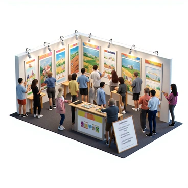 A bustling art festival booth filled with vibrant illustrations displayed on easels and hanging on the booth walls. The illustrations feature various themes, including landscapes and abstract designs. There is a visible pricing chart prominently placed on a table, showcasing different price points for each piece of artwork. The booth is surrounded by people engaging with the art, with some admiring the pieces while others are discussing with the artist. The atmosphere is lively, with colorful decorations and banners adding to the festive feel.