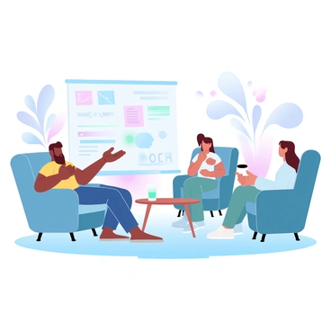 A cozy lounge area is filled with comfortable chairs and soft cushions. Several team members are seated around a low coffee table, engaged in conversation. One person is leaning back in their chair, gesturing with their hands while speaking. Another team member is seated forward, listening attentively and holding a cup of coffee. The atmosphere is relaxed, with a warm light illuminating the room, enhancing the casual vibe of the meeting. A few plants are visible in the background, adding a touch of greenery to the space. A large whiteboard is present, filled with colorful notes and diagrams, suggesting a flow of ideas being shared.