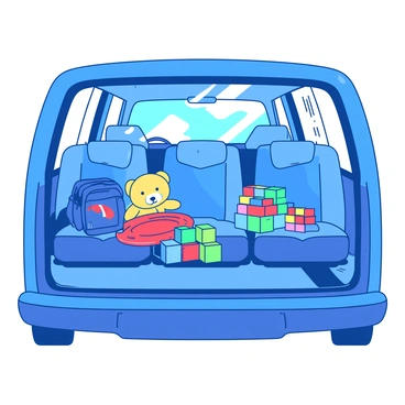A blue family van with a spacious interior that features rows of comfortable seats. Various children's toys are scattered across the seats, including a bright yellow teddy bear, colorful building blocks, and a red frisbee. Sunlight is streaming through the windows, casting warm highlights on the toys and fabric of the seats. A small blue backpack is tucked away in one corner, adding to the overall atmosphere of a lively family outing.