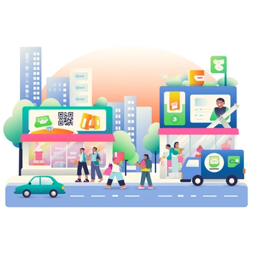 A vibrant cityscape is filled with tall buildings and bustling streets. In the foreground, bright digital payment signs are prominently displayed on various storefronts, illuminating the scene with colorful graphics. The signs show icons of smartphones and QR codes, replacing traditional cash symbols. Pedestrians are seen walking along the sidewalks, some holding smartphones while others are interacting with the digital payment signs. Cars are driving past, and a blue delivery truck is parked nearby with a visible logo of a digital payment service. The sky above is a soft gradient of orange and pink, suggesting a sunset.