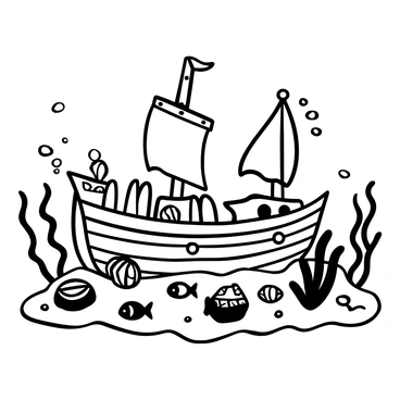 A wooden shipwreck partially buried in sand on the ocean floor. The ship displays broken beams and frayed sails. Surrounding the shipwreck are various sparkling treasures, including gold coins, gems, and ornate relics. Small fish swim curiously around the scattered treasures. Seaweed gently sways in the water currents, framing the scene. A few bubbles rise from the wreckage, adding to the underwater atmosphere.