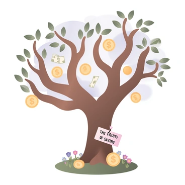 A whimsical tree with a thick, twisting trunk and branches that extend outward. The leaves of the tree are replaced with golden coins and various denominations of dollar bills, fluttering gently in the breeze. The base of the tree is surrounded by a grassy area with small colorful flowers. A few coins are scattered on the ground beneath the tree, and there is a small sign leaning against the trunk that reads "The Fruits of Saving". The background is a simple blue sky with fluffy white clouds.