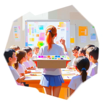 Nami presenting her illustration box in a classroom, with classmates gathering around to see her artwork.