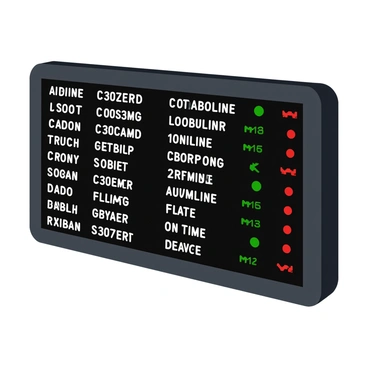 An electronic departure board with a sleek black frame displaying bright white text. The board shows various flight times and destinations in a clear, digital font. Each line of text features information about different flights, including their departure times, airline names, and destination airports. The background of the board is illuminated, enhancing the visibility of the flight information. A few green indicators are present next to the flights that are on time, while some flights are marked in red to indicate delays.