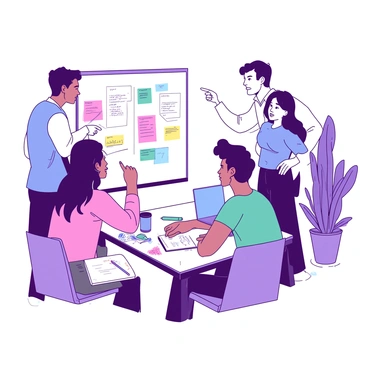 A group of five diverse individuals is gathered around a large whiteboard filled with colorful sketches and notes. Two people are standing, one is pointing at an area on the board, and the other is taking notes on a notepad. The remaining three are sitting at a table, engaged in discussion. One person has a teal marker in hand, while another is holding a blue laptop. The atmosphere is focused, with various stationery items scattered around the table, and a potted plant visible in the background.