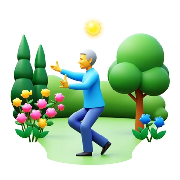 An elderly person practicing tai chi with graceful movements in a blooming garden. The individual is wearing comfortable, loose-fitting clothing suitable for the exercise. Surrounding them are vibrant flowers in various colors, including pink, yellow, and blue, creating a lively and colorful atmosphere. The garden features lush greenery, including tall trees and well-trimmed bushes, providing a serene backdrop for the tai chi practice. The sun casts soft light, enhancing the tranquil scene.