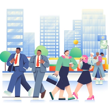 A bustling high-rise business district is filled with tall glass buildings reflecting the morning sunlight. Professionals in business attire are walking along the sidewalk, some carrying briefcases and others holding coffee cups. A man in a navy suit is checking his watch, while a woman in a black dress is talking on her phone. Nearby, a group of three colleagues is engaged in animated discussion as they walk together. The scene is vibrant with people of diverse backgrounds, each focused on their commute to work. In the background, a city bus is stopping at a nearby bus stop, adding to the dynamic atmosphere.