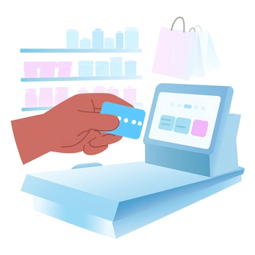 A hand is holding a credit card, sliding it through a card reader on a checkout counter. The checkout counter has a smooth surface, with a few shopping bags on one side. There is a digital display on the card reader showing transaction details. In the background, there are neatly arranged shelves filled with various products. The overall scene is brightly lit, highlighting the action of the card swipe.