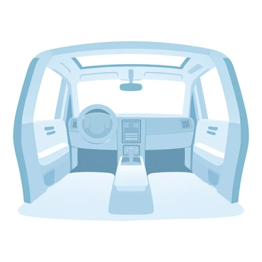 The interior of a white car is showcased, highlighting a wide panoramic sunroof that stretches across the ceiling. The seats are upholstered in soft, light-colored leather, and the dashboard features sleek, modern controls with a minimalistic design. A spacious center console separates the front seats, and the floor is neatly covered with plush carpeting. Sunlight streams through the sunroof, casting a warm glow throughout the interior, illuminating the details of the car's design.