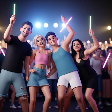 A group of four friends, two men and two women, are at a live concert, surrounded by an energetic crowd. The first man is wearing a black t-shirt and distressed jeans, holding a green glow stick in one hand while waving the other in the air. The second man, wearing a blue tank top and white shorts, is smiling and dancing with a red glow stick raised high. One woman has a bright pink crop top and denim skirt, swaying her hips and holding a purple glow stick. The other woman is wearing a black dress and has her arms stretched out, dancing joyfully with a yellow glow stick. Bright stage lights illuminate the scene, enhancing the festive atmosphere.