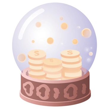 A digital flat illustration of a snow globe. The globe is transparent and has a round base decorated with intricate carvings. Inside the globe, tiny coins of various sizes and colors are swirling in a circular motion, instead of traditional snowflakes. The background within the globe showcases a faint glimmer of light reflecting off the coins. The base of the globe is colored in shades of brown, complementing the shiny golden and silver coins inside.