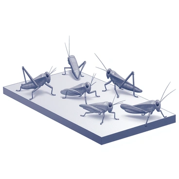 A collection of grasshoppers displayed on a flat surface. Each grasshopper is posed to highlight its unique features. There are varying sizes and shapes among the grasshoppers, each exhibiting distinct patterns and textures on their exoskeletons. Some have pronounced antennae, while others showcase a range of wing sizes. The arrangement allows for close examination of details such as the segmented body parts and the intricate leg structures. The background is plain to emphasize the grasshoppers, focusing attention on their diverse attributes.
