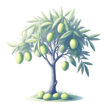 A mango tree stands tall, its branches sprawling outward and heavy with ripe mangoes. The scene is filled with the soft illumination of the first light of dawn, casting gentle shadows along the trunk and foliage. Dew beads glisten on the bright green leaves, reflecting the soft light and adding a fresh, lively appearance. The ground beneath the tree is dotted with fallen mangoes, some partially hidden by grass, creating a natural carpet that complements the scene.