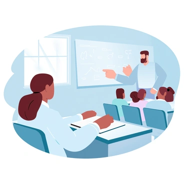 A woman is sitting at a desk in a classroom, leaning slightly forward as she attentively listens to a lecture. She has long hair tied back and is wearing a light sweater. In front of her is an open notebook filled with notes. The classroom has a large chalkboard behind the instructor, filled with diagrams and text. Light streams in through a window to the side, casting soft shadows on the floor. Desks are arranged in neat rows, and a few other students are seated nearby, focused on the lecture as well.