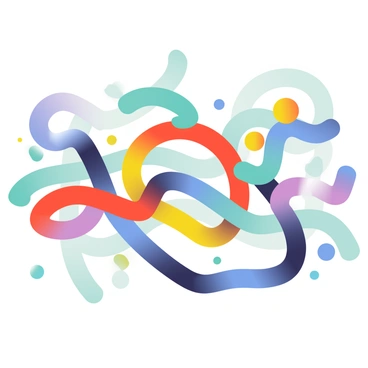 A large, intricate representation of peptide structures is displayed prominently. The peptide chains are composed of fluid, curving lines that intertwine in a dynamic manner. Bold colors such as deep blue, vibrant red, and bright yellow are used throughout the design, creating a sense of movement and energy. The background features a soft gradient that transitions from light teal to pale lavender, enhancing the vibrancy of the peptide structures. Various shapes and forms emerge within the composition, resembling molecular connections and interactions, giving the piece a sense of depth and complexity.