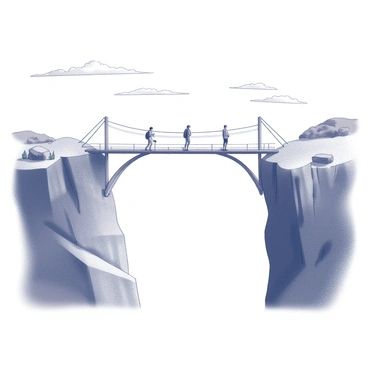 A bridge arching high between two steep cliffs. The structure appears sturdy with cables and beams supporting the pathway. On the bridge, several people are walking towards each other from opposite ends. One person is wearing a backpack, and another is holding a walking stick. The cliffs surrounding the bridge are rugged and textured, showcasing rocky outcrops and sparse vegetation. The sky above features a few scattered clouds, adding depth to the scene.