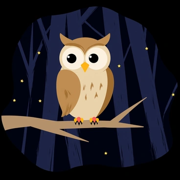 A watchful owl with large, round eyes and mottled brown feathers is perched on a gnarled branch. The branch is situated in a dark forest with towering trees silhouetted against a starry night sky. Wisps of mist weave through the underbrush, adding an air of mystery. The owl's head is turned slightly, giving it a vigilant pose as it surveys the surroundings. Small glowing eyes of other nocturnal creatures can be faintly seen in the background, hinting at the life that exists in the shadows.