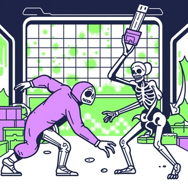 Two ghouls are locked in combat inside an abandoned warehouse. The first ghoul has a tattered cloak that hangs loosely from its shoulders, with sharp claws extended, poised to strike. The second ghoul has a skeletal frame and is raising a makeshift weapon, a large piece of metal debris, ready to defend itself. The warehouse is dimly lit with broken windows that allow streaks of light to filter in, highlighting dust particles in the air. Piles of old crates and rusted machinery surround the combatants, adding to the eerie atmosphere. Graffiti covers the walls, and shadows loom ominously in the corners of the space.