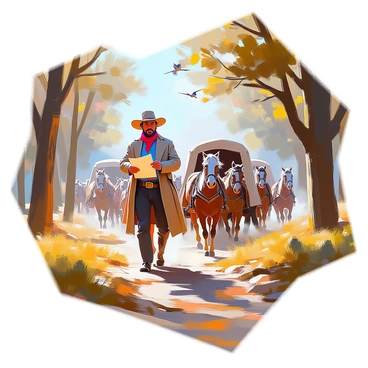 Sam Houston, a tall man with a weathered face and a determined expression, is leading a caravan along a rugged wilderness trail. He is dressed in a long coat and a wide-brimmed hat, holding a map in one hand as he gestures forward with the other. The caravan consists of several covered wagons, each pulled by sturdy horses, traveling closely behind him. The scene is framed by dense forest, with tall trees on either side of the trail, their leaves casting dappled shadows on the ground. The underbrush is thick, adding to the wilderness atmosphere, while a few birds can be seen flitting between the branches above.