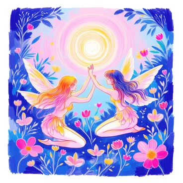A fantasy scene showcases a group of fairies with delicate, iridescent wings fluttering gracefully. They are surrounded by swirling chakra lights in vibrant colors, creating a mystical atmosphere. The fairies are of varied appearances, with flowing hair that shimmers like gold and silver, and their clothing is made of petals and leaves. Some fairies are reaching out to the chakra lights, which spiral and glow in pulsating rhythms. The background features lush greenery and soft, glowing flowers that enhance the enchanting setting.