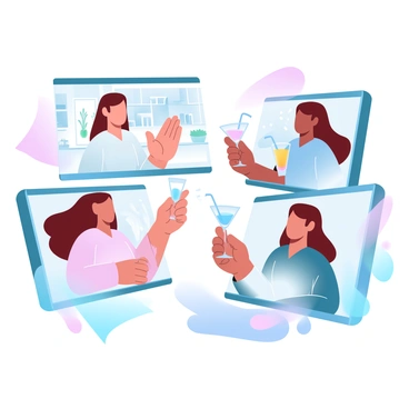A group of friends is gathered around their individual screens, smiling and enjoying a virtual happy hour. Each person is holding a colorful drink in their hand, showcasing various types of beverages such as cocktails, mocktails, and sparkling water. One friend is sitting in a cozy living room with cushions scattered around, while another is in a bright kitchen with potted plants in the background. A third friend is in a minimalist home office, with a desk adorned with a few books. The atmosphere is lively, with each person's drink sparkling in the ambient light.
