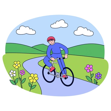 A person riding a bicycle on a country path. The path is surrounded by lush green grass and vibrant wildflowers of various colors, including yellow, purple, and pink. The person is wearing a bright red helmet and a blue cycling jersey. The bicycle is a sleek design with thin tires. The sky above is clear with a few fluffy white clouds. In the background, rolling hills can be seen under the sunlight.