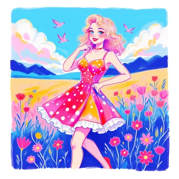 A classic pinup girl in a playful pose, with retro styling and a bright, cheerful background.