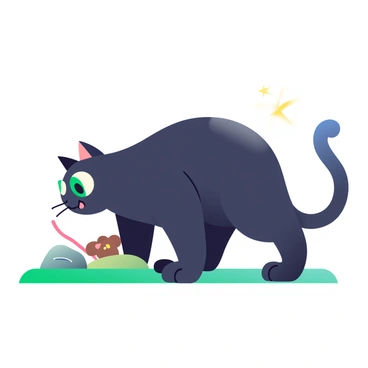 A sleek black cat is crouched low on a patch of green grass, its body tense and ready to spring. The cat's fur glistens in the sunlight, highlighting its muscular form. Its wide, bright green eyes are fixated on a small brown mouse that is peeking out from behind a nearby rock. The mouse's tiny ears are perked up, and it appears alert and aware of the impending danger. The cat's tail is flicking back and forth, emphasizing its heightened state of anticipation. The scene captures the moment just before action, with a sense of focus and intensity in the air.