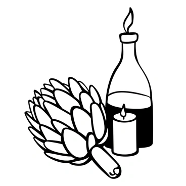 A detailed still life composition with an artichoke placed prominently in the foreground. Next to the artichoke, there is a clear glass bottle, reflecting light and showcasing its smooth contours. A lit candle is situated behind the bottle, casting soft shadows and creating a warm ambiance. The background consists of a simple textured surface that enhances the focus on the objects.