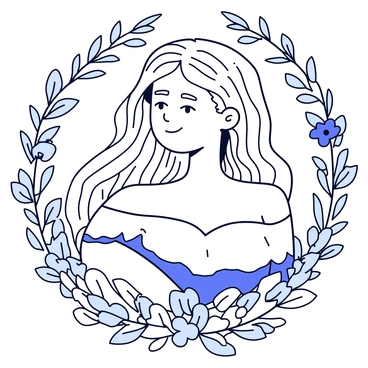 A goddess with long, flowing hair that cascades down her shoulders. She has a serene expression and is framed by intricate ornate patterns. Surrounding her are various floral motifs, including elegant vines and blooming flowers that complement her form. The lines of the patterns are smooth and curvilinear, creating a harmonious and balanced composition. The goddess's attire features delicate details that blend beautifully with the surrounding designs.