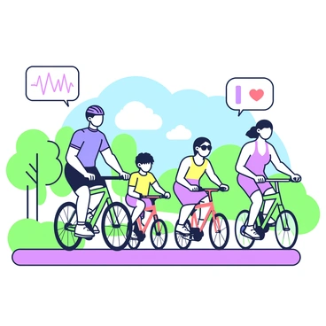 A family of four is riding bikes together on a sunny day. The father is leading the group, wearing a blue cycling jersey and a helmet. Next to him, the mother is riding a green bicycle, wearing a pink tank top and sunglasses. Two children, one boy and one girl, follow closely behind. The boy has a red bike and is wearing a bright yellow shirt, while the girl rides a purple bicycle in a striped dress. Above each family member, a heart rate indicator is displayed, showing their current heart rate. The background features a path lined with trees and a clear blue sky.