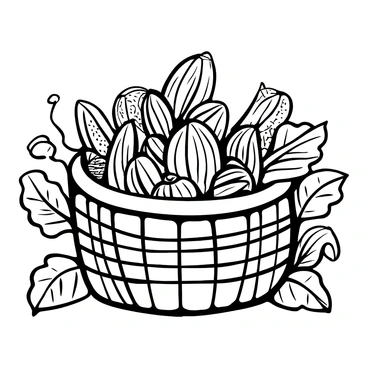 A woven basket filled to the brim with freshly picked cacao pods, showcasing their textured surfaces and distinct shapes. Surrounding the basket are several green cacao leaves, each with prominent veins and edges. The scene captures the rich abundance of the harvest, with some cacao pods spilling slightly over the rim of the basket.