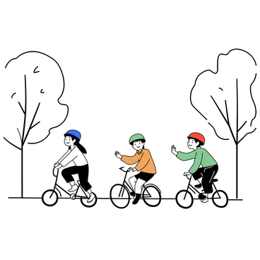 A group of three children riding bicycles down a tree-lined street. One child is wearing a blue helmet and pedaling energetically, while another child has a red helmet and is smiling as they ride alongside. The third child, wearing a green helmet, is waving to a friend. The trees on either side of the street are tall and lush, with leaves depicted in fine detail. The bicycles are simple in design, with varying colors and sizes, and the ground is textured to indicate a paved road.