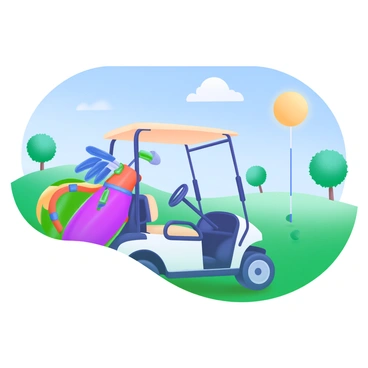 A golf cart parked on a lush green golf course, with a vibrant, colorful golf bag strapped securely to the back. The golf bag displays an array of bright colors, including red, blue, yellow, and green. In the background, the sun shines brightly in a clear blue sky, illuminating the scene. A few trees are scattered around the course, providing a touch of shade, and the neatly manicured grass stretches out in front of the cart.