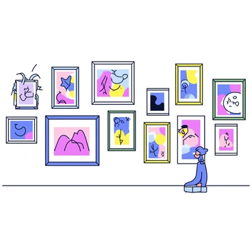 A gallery wall with a series of framed illustrations. Each frame displays a different commissioned work, showcasing a variety of illustrations. Some frames have colorful geometric patterns, while others feature soft pastel colors. The illustrations include whimsical characters, nature scenes, and abstract designs. The frames are of different sizes and colors, creating a dynamic visual effect. The wall is painted a neutral tone to highlight the artwork.