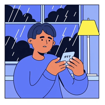 A person holding a smartphone with their thumb poised over the screen, ready to dial "911". The individual has a worried expression on their face, illuminated by the phone's glow. Outside the window, dark storm clouds are visible, with flashes of lightning illuminating the night sky. Rain is pouring down, creating a blurred effect on the glass. A few raindrops are visible on the phone screen, reflecting the stormy atmosphere. The room is dimly lit, with a single lamp in the background casting a warm yellow light.