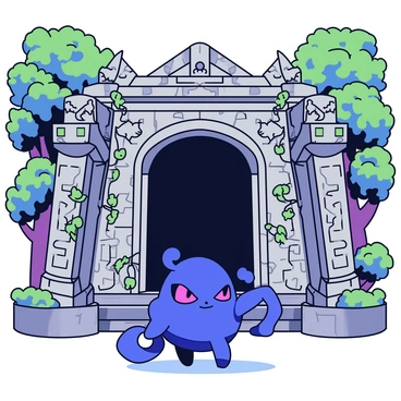 A Spiritomb with a dark, shadowy form is positioned in front of a large, intricately designed temple entrance. The Spiritomb has glowing red eyes and a swirling dark mist emanating from its body. The temple itself is made of aged stone, featuring elaborate carvings of ancient symbols and vines creeping along its surface. The entrance is framed by two large stone pillars, each topped with a weathered stone sculpture of mythical creatures. Surrounding the temple are dense, leafy trees that cast dappled shadows on the ground, enhancing the mysterious atmosphere.