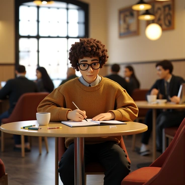 A freelance illustrator with curly brown hair and glasses is sitting at a small wooden table in a cozy café in Newcastle. They are wearing a warm, oversized sweater and have a focused expression while sketching in an open notebook. The table is adorned with a steaming cup of coffee and a few art supplies, including colored pencils and markers. Soft lighting from a nearby window casts a warm glow on the scene, highlighting the bustling atmosphere of the café with patrons in the background engaged in conversation.